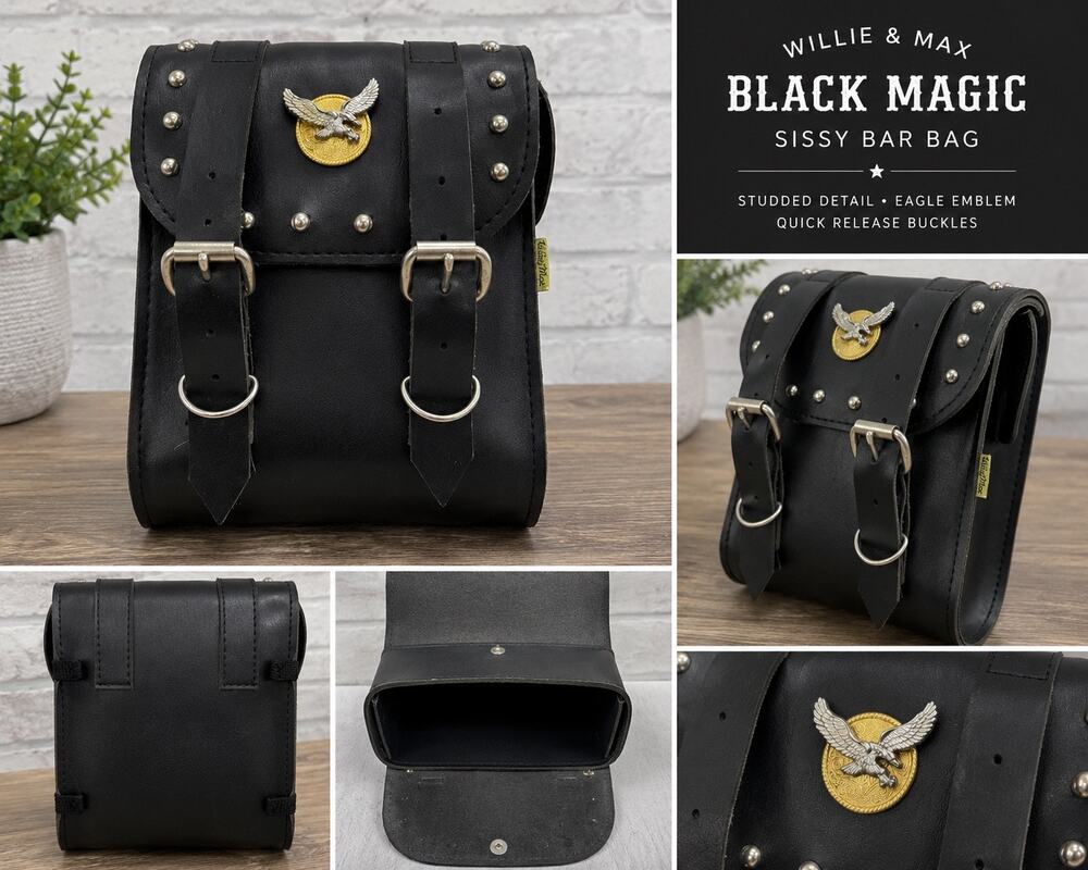 Willie & Max Black Magic Sissy Bar Bag 58411-00 Eagle Studded Motorcycle USA